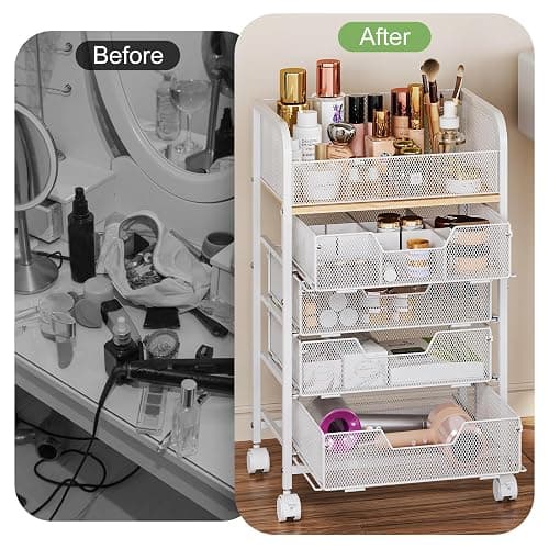 Hongtamoya Makeup Cart Organizer with 4 Drawers, Large Floor Skincare Organizers, Vanity Storage Organizer Cosmetics Display Cases for Skin Care Perfume Nail Polish, White (Patent Pending) thumbnail 6