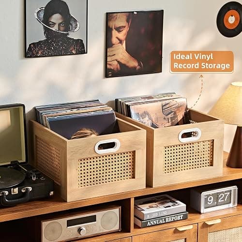 LELELINKY Vinyl Record Storage Crate, Rattan Wooden Record Crate for Vinyls, Vinyl Record Holder with Handle, Multifunctional Records Stand Holder Vinyls Organizer for 75 LPs, Natural thumbnail 4