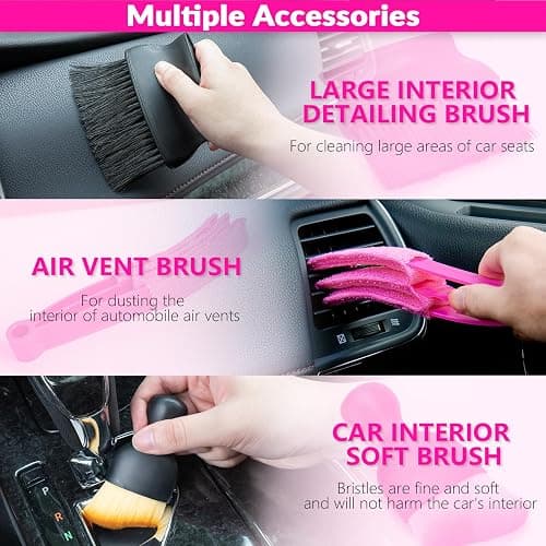ThinkLearn Car Cleaning Kit, Car Vacuum Detailing Kit Interior with High Power Handheld Vacuum, Including 7Pcs Detailing Brush Set, Windshield Cleaner, Pink Car Accessories for Women thumbnail 4