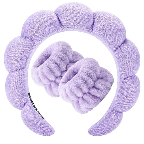 Zkptops Spa Headband for Washing Face Wristband Set Sponge Makeup Skincare Headband Terry Cloth Bubble Soft Get Ready Hairband Women Girl Puffy Padded Headwear Non Slip Thick Hair Accessory(Purple) - Image 1