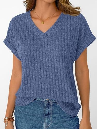 AUTOMET Women Tops Summer Sweaters Short Sleeve V Neck Shirts 2025 Spring Fashion Dressy Casual Business Tunic Blouses thumbnail 2