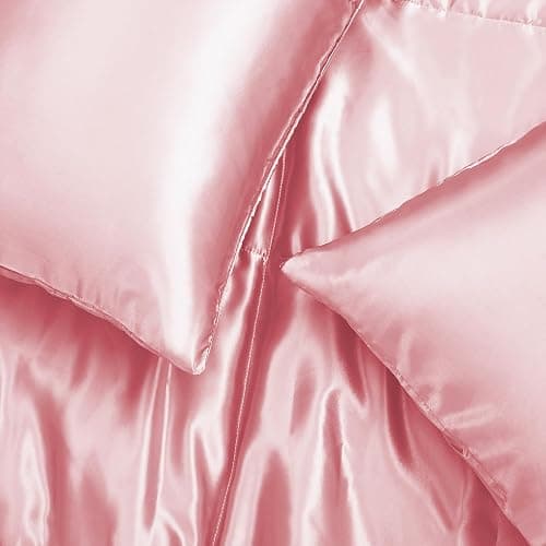 Whale Flotilla 3-Piece Reversible Silky Soft Queen Comforter Bedding Set, Luxurious Satin Comforters Full Size with 2 Satin Pillowcases, Lightweight Duvet for All Seasons, Pink thumbnail 5