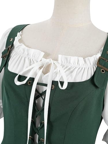 Nuoqi Renaissance Costume Women Medieval Peasant Dress Short Sleeve Chemise with Corset Overdress thumbnail 9