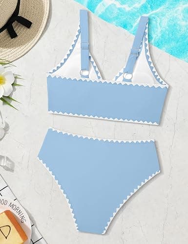 KANGKANG Girls Swimsuit Bikini Set Solid Color V-Neck Two Piece Bathing Suit with Chest Pad Adjustable Straps Swimwear 7-16T - Sky Blue - 9-10 Years thumbnail 5