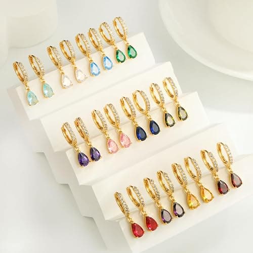 TOBENY Dangle Earrings for Women Trendy 14K Gold Plated Hypoallergenic Drop Hoop Earrings Dainty Diamond Green Emerald Birthstone Huggie Earrings for Birthday Gifts thumbnail 5