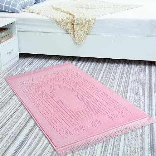 YAZEIN Muslim Prayer Rug with Tasbih Prayer Beads, Soft Large Prayer Matt Islam, Padded Islamic Prayer Mat Thick for Men and Women, Janamaz, Sajadah (31.5" x 47.2", Pink) thumbnail 2