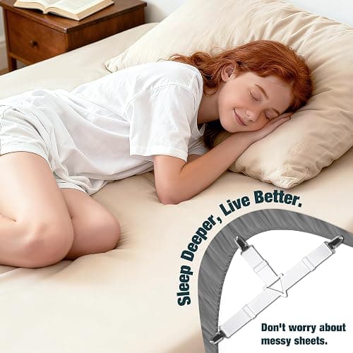 WHISPERING WONDER 4 Pack Adjustable Elastic Straps with Metal Clips, Bed Sheet Fasteners, Bedding Suspenders for Mattress Covers, Bed Corner Holders and Keepers (White) thumbnail 5