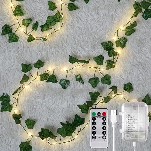 40ft 120 LED Vine Fairy Lights Battery Operated, 8 Modes & Timer Ivy String Lights with Remote, Green Leaf Lights for Indoor Bedroom Classroom Office Wall Garden Party Wedding Decor (Warm White) - Image 1