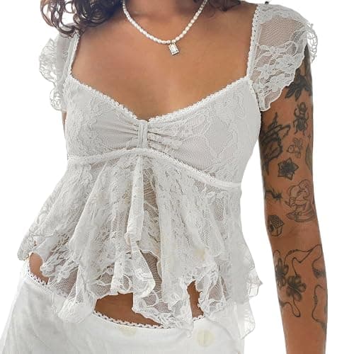 Women Lace Tank Top Cap Sleeve Vintage Floral Sheer Blouse - Image 1
