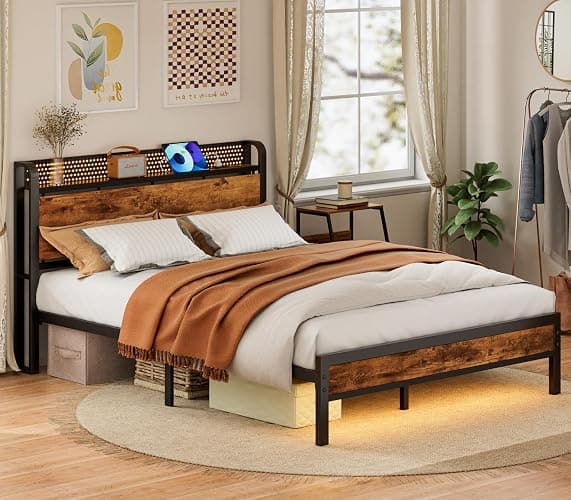 Furnulem Full Bed Frame with LED Lights,Industrial Storage Headboard with Charging Station,USB Port,Under Bed Storage,Wood Platform with Strong Metal Support,No Box Spring Needed, Silent thumbnail 8