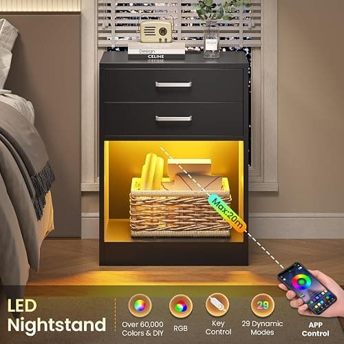 ADORNEVE LED Nightstands Set of 2,Night Stands for Bedrooms Set of 2,Nightstand with Charging Station and LED Lights,Black Bedside Table with Power Outlets & Drawers,Modern End Side Table thumbnail 3