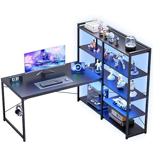 Pamray 49 Inch L Shaped Gaming Computer Desk with Shelves and Storage | Compact Reversible Design with LED Lights & Power Outlets, Suitable for Home Office Bedroom Small Spaces and Dorm Study Work thumbnail 7