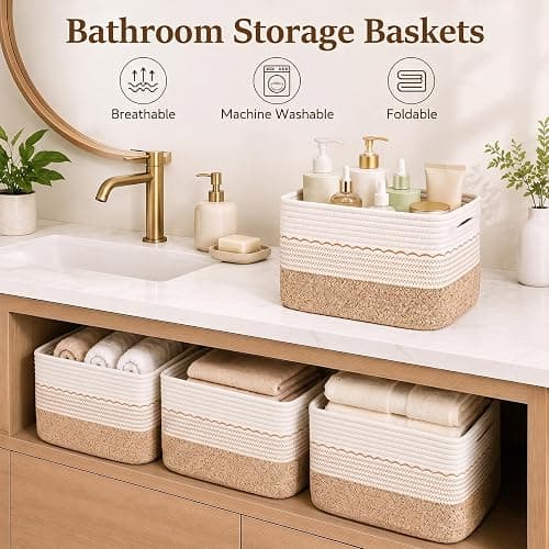OIASKET 4 Pack Storage Baskets for Organizing, 13"X9"X7.87", Decorative Cotton Rope Baskets for Shelves, Small Woven Basket for Toys, Books and Towels, Brown & White thumbnail 5