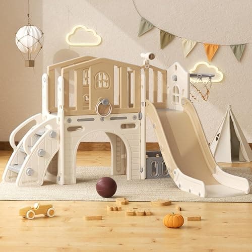 YUFU 8 in 1 Toddler Slide Set, Kids Slide for Toddlers Age 1-3, Toddler Playset with Climber, Basketball Hoop and Ball, Outdoor Indoor Playground for Toddlers 1-3 (Beige+Coffee) - Image 1