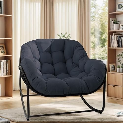 TIMWNER Papasan Rocking Chair, Oversized Egg Rocker for Indoor & Outdoor Use, All-Weather Wicker Patio Chair with Cushion & Pillow, Papasan Rocking Egg Chair for Bedroom, Garden, Dark Blue - Image 1