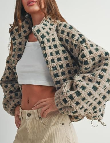Esmeling Women’s Long Sleeve Cropped Sherpa Fleece Plaid Jacket Casual Chunky Teddy Fleece Outerwear thumbnail 4