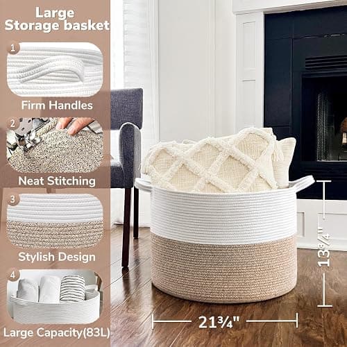 Goodpick Large Cotton Rope Basket, 83L Big Woven Storage, Blanket Organizers and Storage, Baby Nursery Laundry Basket, Extra Large Toy Bin for Storage, 21.7 x 13.8 inches thumbnail 5