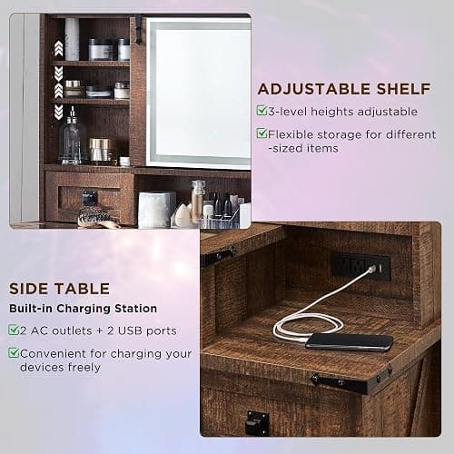 T4TREAM 48'' Farmhouse Makeup Vanity Desk with Sliding HD Mirror and Lights, Big Modern Lighted Vanity Table with 7 Drawers & Shelves, Rustic Large Dressing Table for Bedroom, Reclaimed Barnwood thumbnail 6