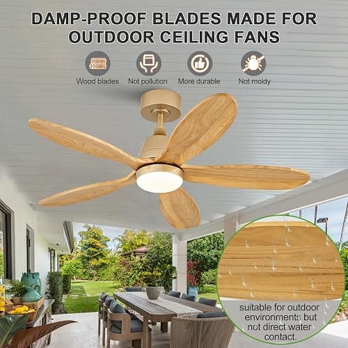 KENSID 42 Inch Wood Ceiling Fans with Lights and Remote, Modern Indoor Outdoor Ceiling Fan with Light for Patio Kitchen Dining Room, Dimmable, 5 Blades, Reversible DC Motor, Memory Function (Gold) thumbnail 6