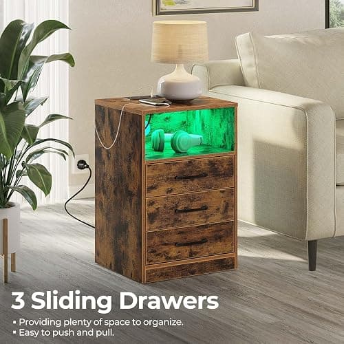 Seventable Nightstand with Wireless Charging Station and LED Lights, Modern End Side Table with 3 Drawers and Open Storage for Bedroom, Rustic Brown thumbnail 7