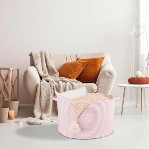 XUANGUO Large Cotton Rope Basket Blankets Basket Living Room 22"x14" Toy Baskets for Kids and Dogs Rope Storage Baskets for Nursery Woven Laundry Baskets for Clothes Towels Baby Toy Storage Round pink thumbnail 4