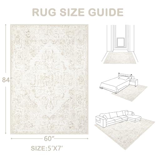 5x7 Area Rugs for Living Room: Washable Rug Vintage Large Rugs Soft Non Slip Low Pile Rug Floral Distressed Floor Carpet for Bedroom Kitchen Nursery Dining Room Home Office (Beige, 5'x7') thumbnail 2