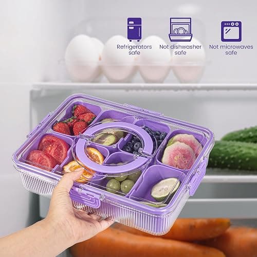 FEIOOD Patent Design Ribbed Snackle Box Container Divided Serving Tray with Lid and Handle -Charcuterie Container Portable Storage Organizer for Candy, Fruit, Beach, Picnics（1 pcs, Purple thumbnail 2