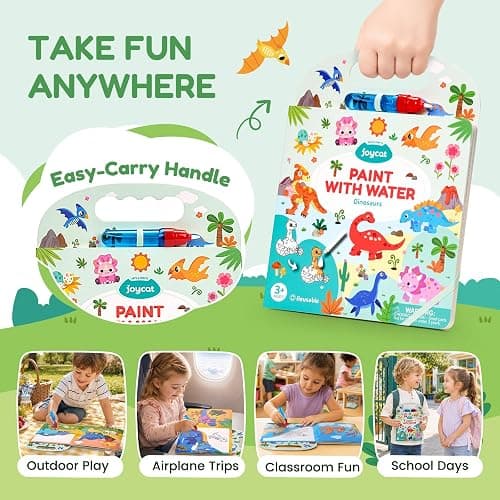 JoyCat Dinosaur Water Coloring Book for Toddlers, 13 Pages, No-Mess | Reusable color-reveal scenes for repeat play, Water pen with holder, Carry handle and closure band for travel, Gift for kids thumbnail 8