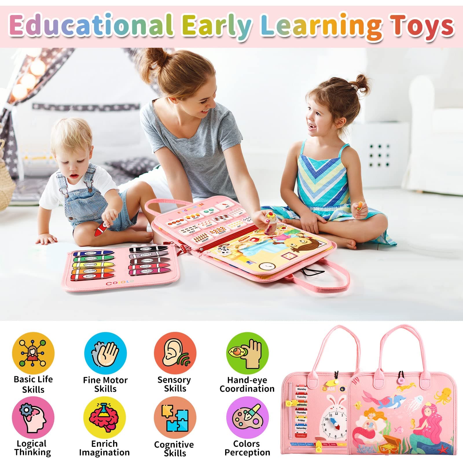 Busy Board Bag for Toddler with Zipper Removable 5 Page, Sensory Activity Developing Board Toys for Preschool, Quiet Book Educational Toys, Montessori Learning Early Education Travel Toy(Pink) thumbnail 3
