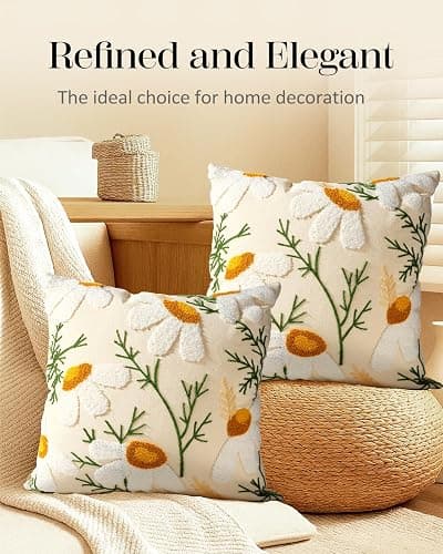 Kokaaee Embroidered Throw Pillow Covers 18x18 Inch - Set of 2 Summer Decorative Pillow Covers with Zipper Aesthetic Cute Design Throw Pillowcases for Couch Sofa Bed, Daisy thumbnail 6