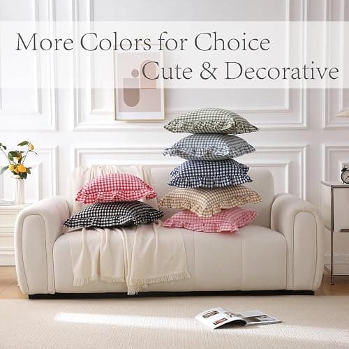 K MASANIJI 2 Pack Taupe White Plaid Ruffle Gingham Throw Pillow Covers, 100% Washed Cotton Checkered Fall Decorative Farmhouse Pillow Shams - 18''x18'' thumbnail 8