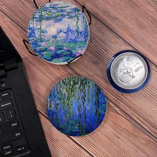 6 Pcs Drink Coasters with Holder, Claude Monet Water Lilies Absorbent Round Ceramic Coaster for Tabletop Protection, Home Decor Coasters for Coffee Cup Beverage Wine Beer Bar thumbnail 2