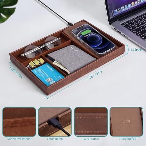 Tray, Built in Wireless Charging Pad, Nightstand Organizer, Dresser Organizer, Mens Jewelry Box, Valet Charging Station, Faux Leather Valet Tray for Men and Women, Brown thumbnail 2