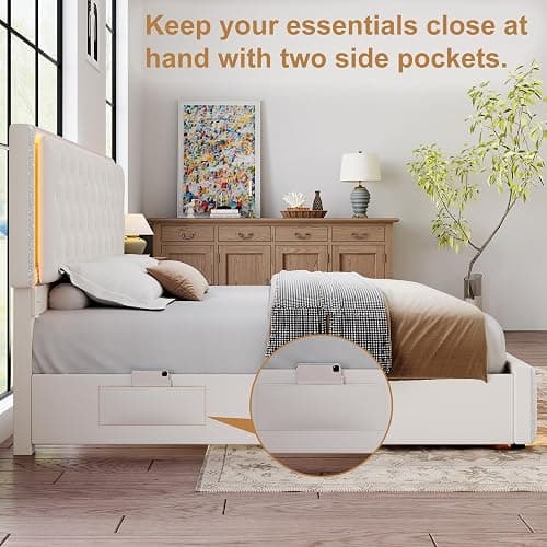 Torana Queen LED Bed Frame with 2 Drawers, Soft Velvet Platform Bed with Diamond Tufted Headboard Footboard and 2 Side Pockets, Mattress Foundation with Wooden Slats Support No Box Spring Needed Cream thumbnail 5