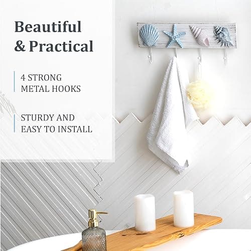 TideAndTales Beach Decor Seashell Wall Hooks Towel Rack for Bathroom, Bedroom or Kitchen | 4 Strong Hooks | Ocean Theme Beach House Decor thumbnail 5