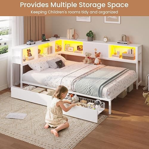 DICTAC Full Corner Bed Frame with Storage Drawers,Bookcase Headboard and Charging Station Full Size Metal Platform Corner Bed Frame with Storage and Led Lights Full Size Daybed for Teen Adult,White thumbnail 7