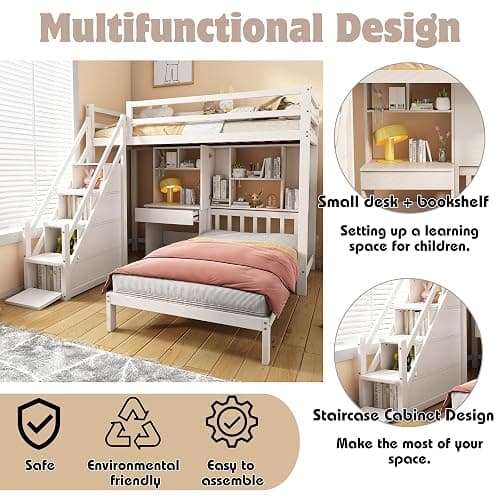 Merax Kids 3FT Loft Bed Frame Children's High Sleeper Double Bed with Desk multifunctional Bed with Storage, Shelves & Stairs, Solid Pine Wood Frame, for Children Girls and Boys, White (2 * 90x190cm) thumbnail 5