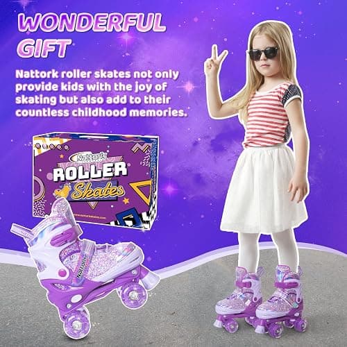 Nattork Kids Roller Skates for Girls Kids, 4 Sizes Adjustable Girls Roller Skates for Ages 3-12 with Light up Wheels & Safety Protection - Cool Birthday Gift for Indoor Outdoor Sports thumbnail 5