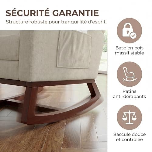 HYNHXBP Fauteuil à Bascule, avec accoudoirs et Poches latérales, Chaise d'allaitement Ergonomique avec Coussins, Structure en Bois Massif, Chaise Longue pour Salon ou Chambre (Beige + Velours Givré) thumbnail 7
