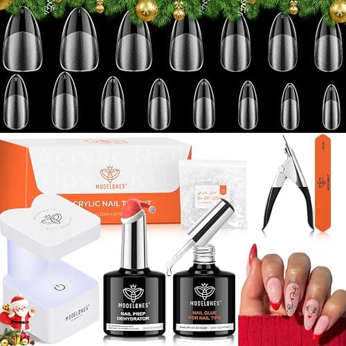 modelones Gel Nail Kit Almond, Upgrade 15Sizes Fake Nails, 9-in-One Glue Dehydrator & Mini U V Light Clipper, 510Pcs Medium Almond Press on Tips for Extension DIY Salon Home Gift - Image 1