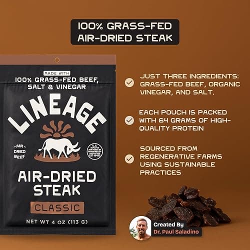 Lineage Provisions 100% Grass Fed Air-Dried Steak - Nutrient-Dense Carnivore Snacks - Tender Beef Jerky Bites - Keto-Friendly Steak Jerky - Zero Sugar, Zero Carbs - 64 grams of protein - 3-Pack thumbnail 3