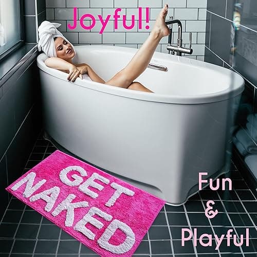 Evovee Get Naked Bath Mat Funny Cute Bathroom Rugs Get Naked Rug Shower Funny Bathroom Decor Fun Cute Bath Mat Non-Slip Washable College Hot Pink - Hot Pink thumbnail 4