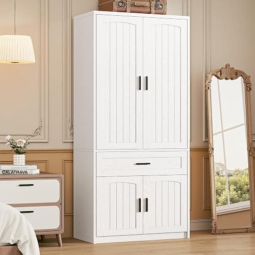 LIKIMIO 77" Tall Freestanding Armoire Wardrobe Closet with 4 Doors, Drawer, Hanging Rod & Adjustable Shelves, Bedroom Clothes Storage Cabinet, White thumbnail 3