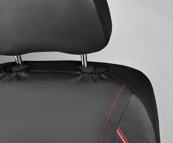 CAR PASS Universal FIT Piping Leather Two Front Seat Covers, Waterproof Faux Leather for SUV Sedan Van Truck, Airbag Compatible,Reserved Opening Holes for Headrest Covers. (Black red) thumbnail 8