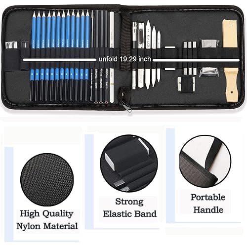 KALOUR 33 Pro Drawing Kit Sketching Pencils Set,Portable Zippered Travel Case-Charcoal Pencils, Sketch Pencils, Charcoal Stick,Sharpener,Eraser.Art Supplies for Artists Beginner Adults Teens thumbnail 7