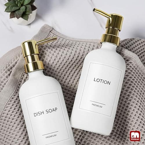 GMISUN White Soap Dispenser, 2 Pack Glass Hand Soap Dispensers Bathroom with Gold Pump, 17 Fl Oz Dish Soap Dispenser Set for Kitchen, Refillable Modern Liquid Soap and Lotion Dispensers Bottle thumbnail 8
