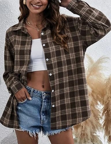 HangNiFang Womens Flannel Plaid Shirts Oversized Button Down Shirts Blouse Tops - Medium - Coffee thumbnail 3