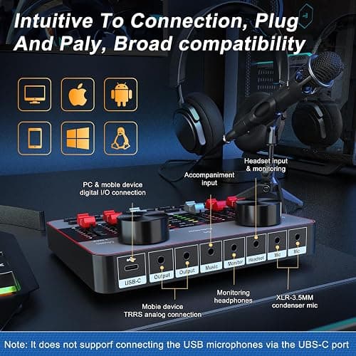 Podcast Equipment Bundle for 2 Mic Tiktok Video Content Creator Kit, Audio Interface DJ Mixer Sound Card/Board Condenser Microphone for Studio Smartphone/PC/Laptop Broadcast Recording thumbnail 3