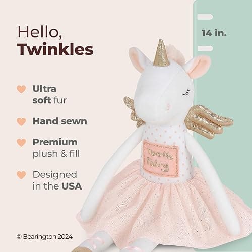 Bearington Collection Tooth Fairy Tooth Holder Plush Pillow for Girls – Hanging Doll for Bed, Door, Nightstand - Unicorn Twinkles 14" thumbnail 2