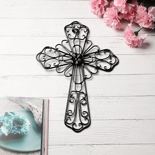 RELY+ Black Wall Cross 14X10 Inch Living Room Décor Outdoor Crucifix Wall Décor Metal Wall Art Decorative Hanging Iron Wrought Wall Décor Crosses for Rustic Indoor Home Valentine's Day Decorations thumbnail 8